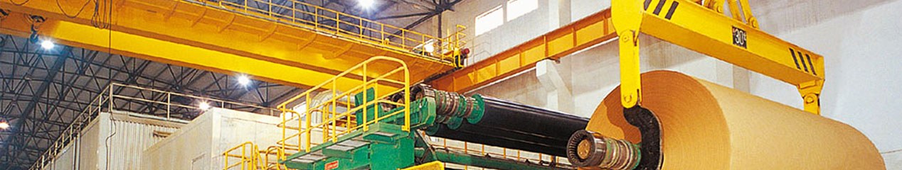 Inside the Sapphire Papers mill — a finished paper reel being lifted by an overhead crane